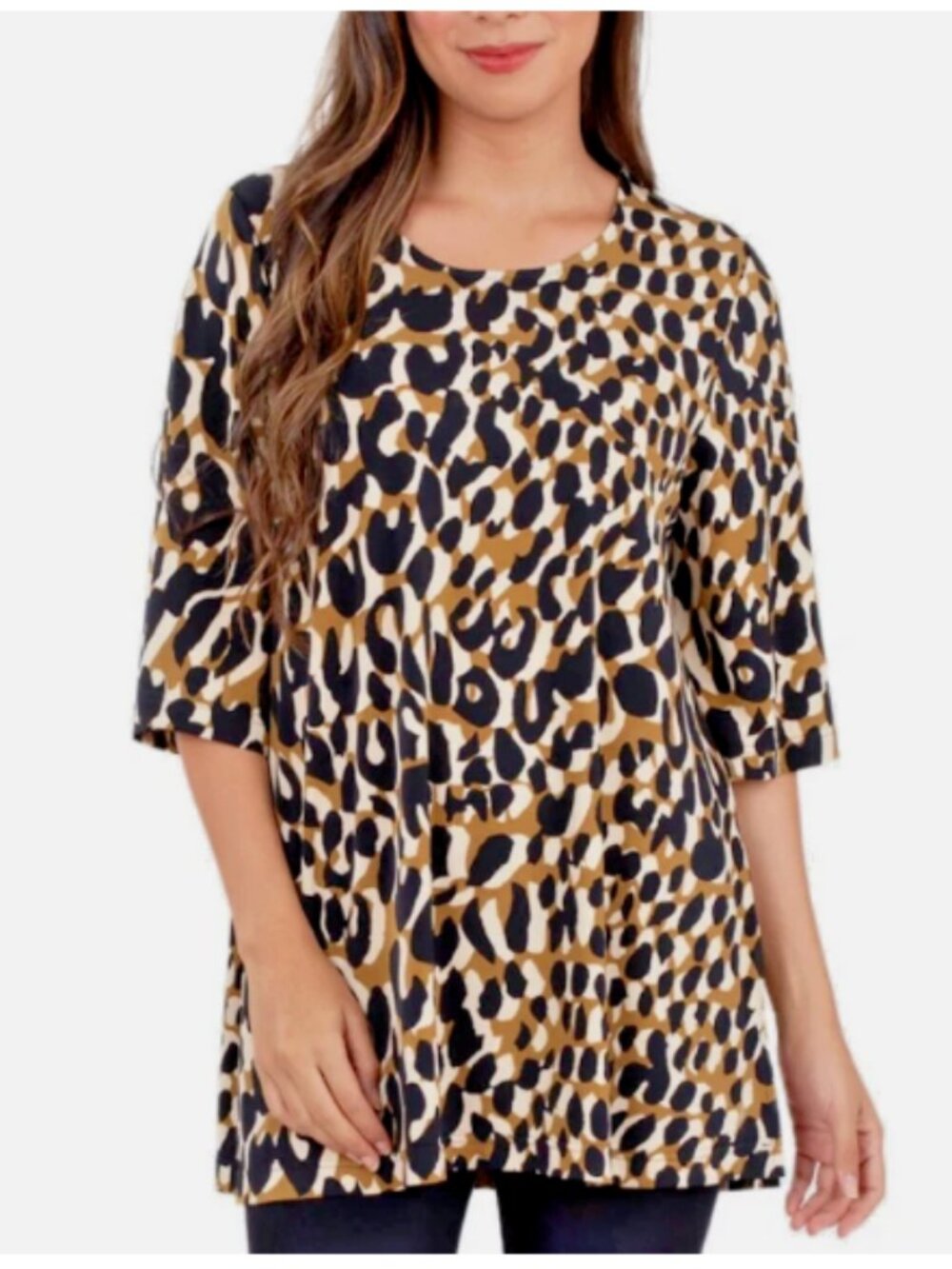 Leota Ladies' Tunic Quarter Sleeve Shirt Top, PAINTERLY LEOPARD, S